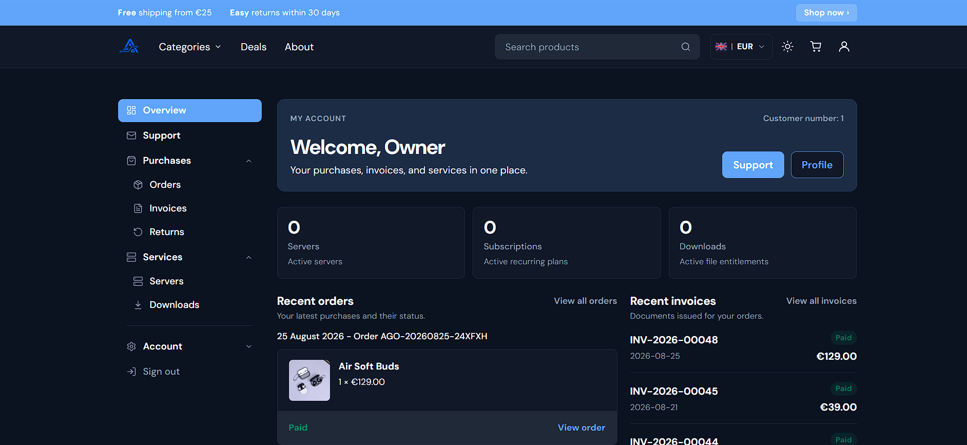 Agovena customer account overview with purchases and invoices.