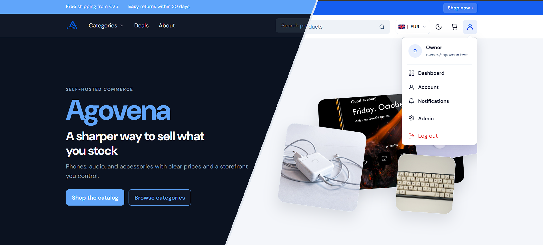Agovena storefront split diagonally between dark mode and light mode.