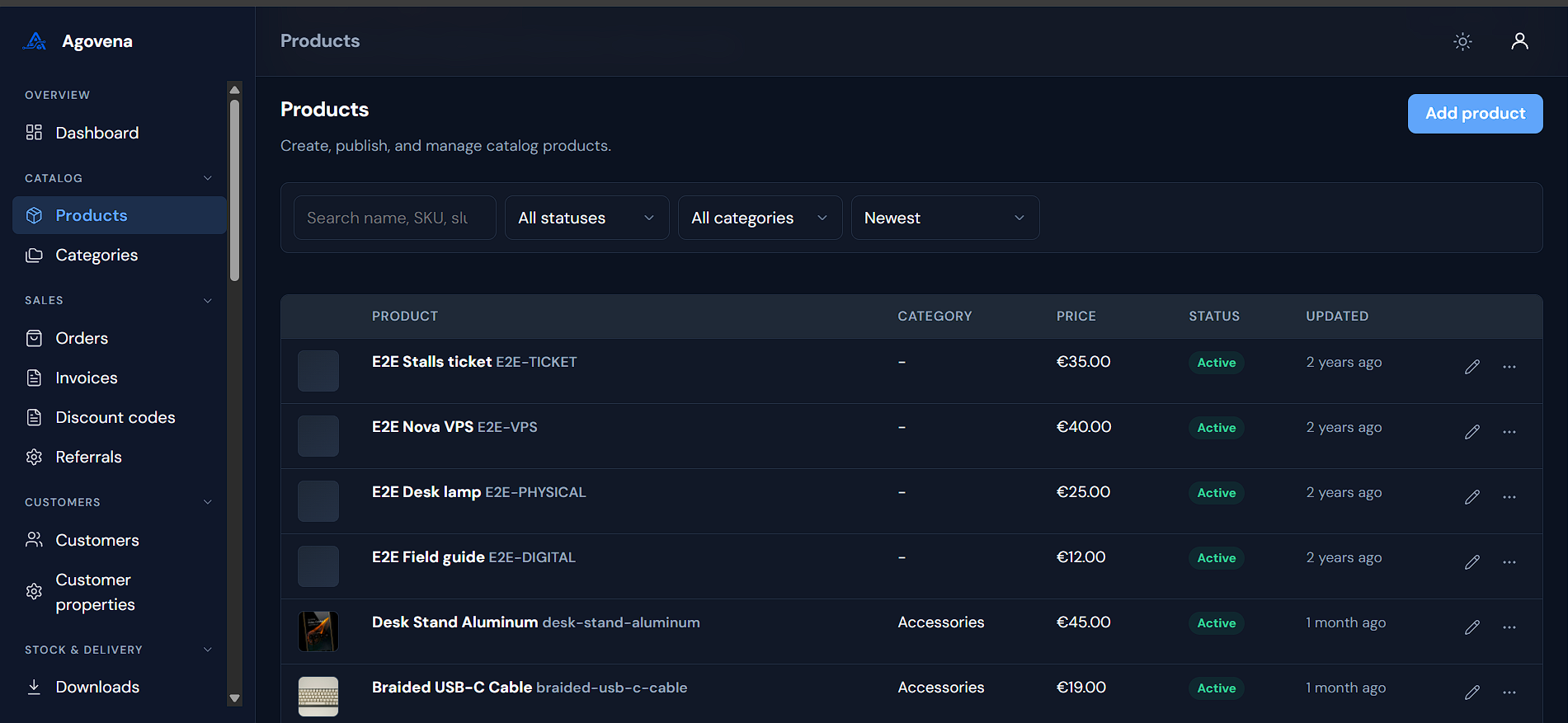Agovena Admin products page with filters and product rows.