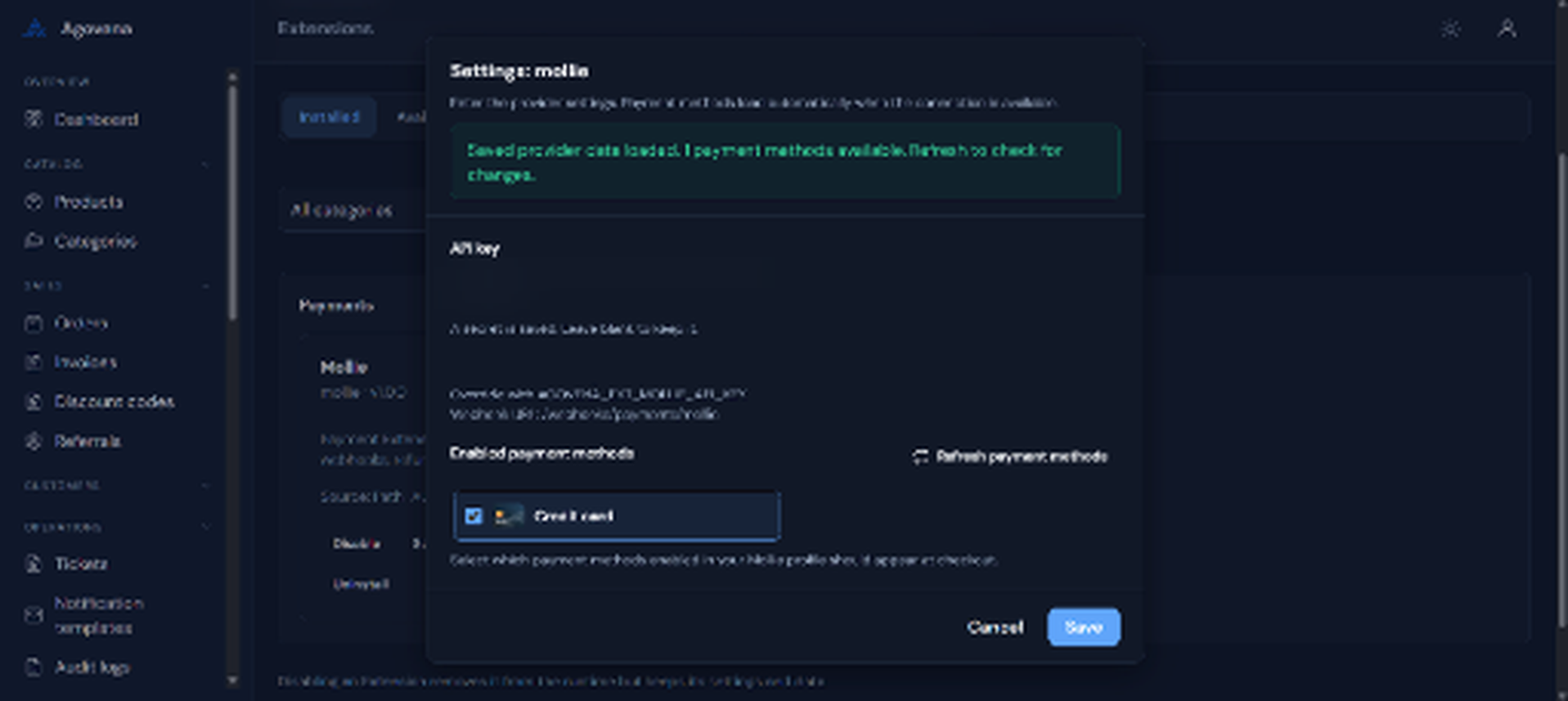 Mollie Admin settings with a masked API key and discovered payment method