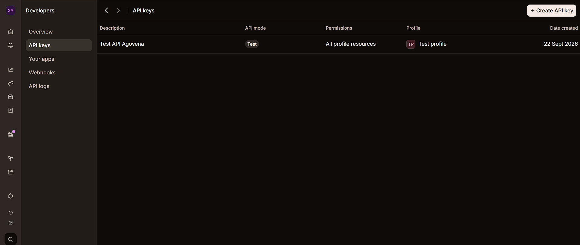 Mollie API keys with the Create API key action
