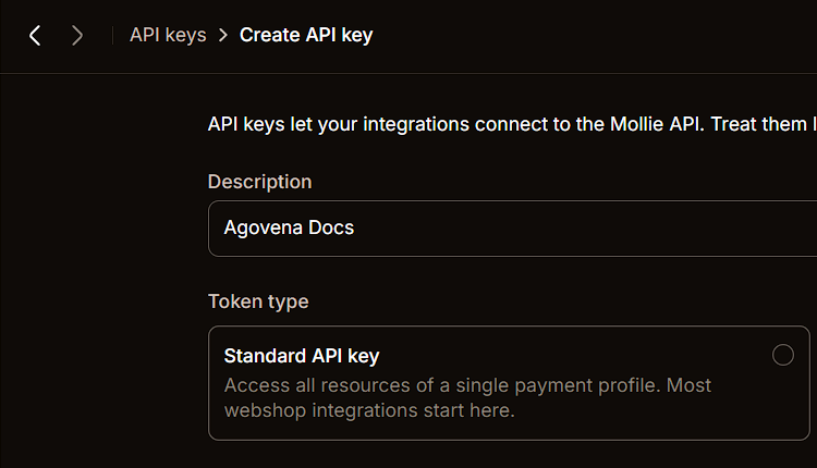Select the Mollie Standard API key