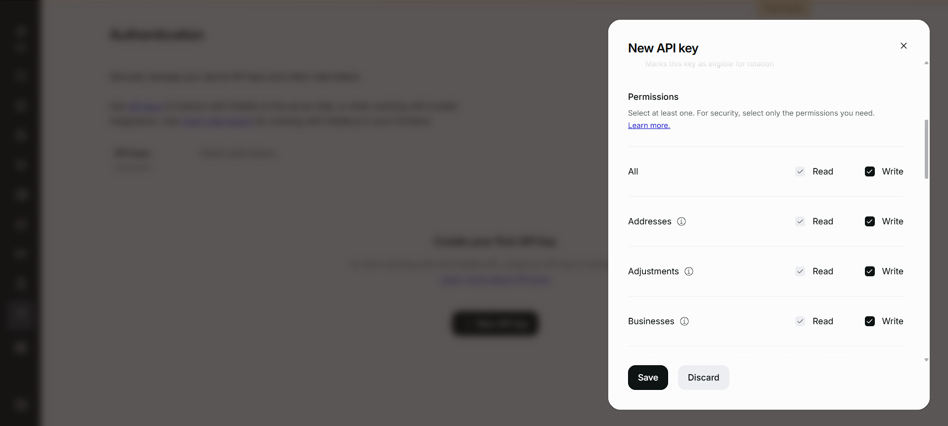 Paddle API key permissions