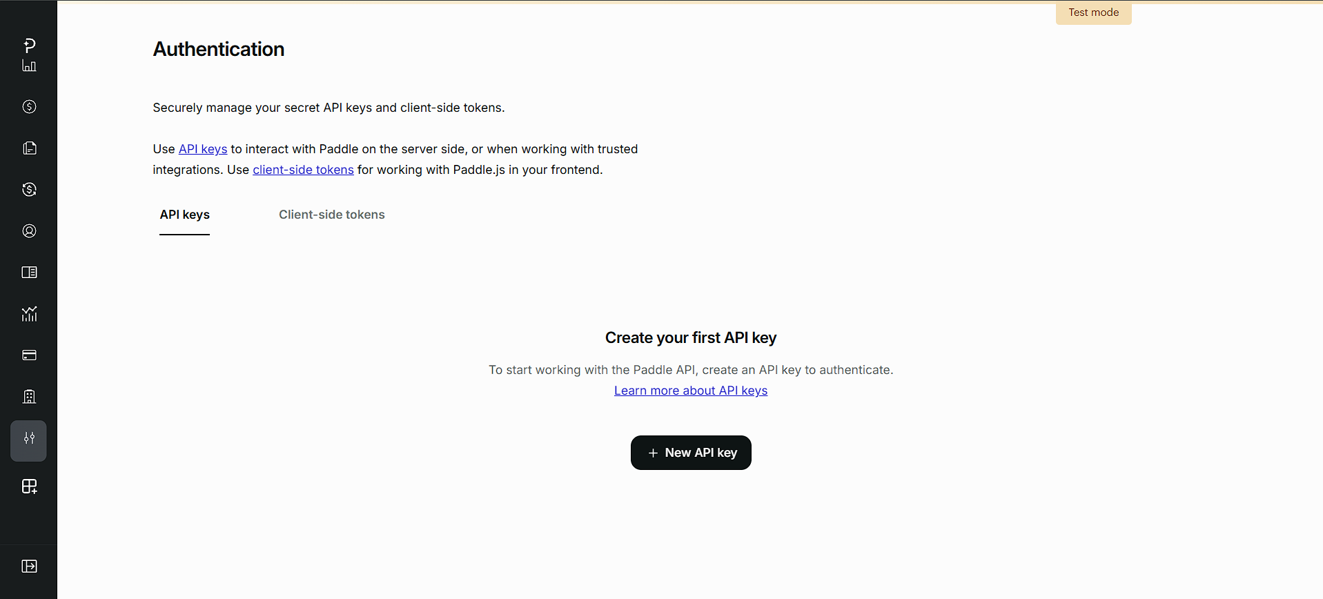 Paddle Authentication with the API keys tab