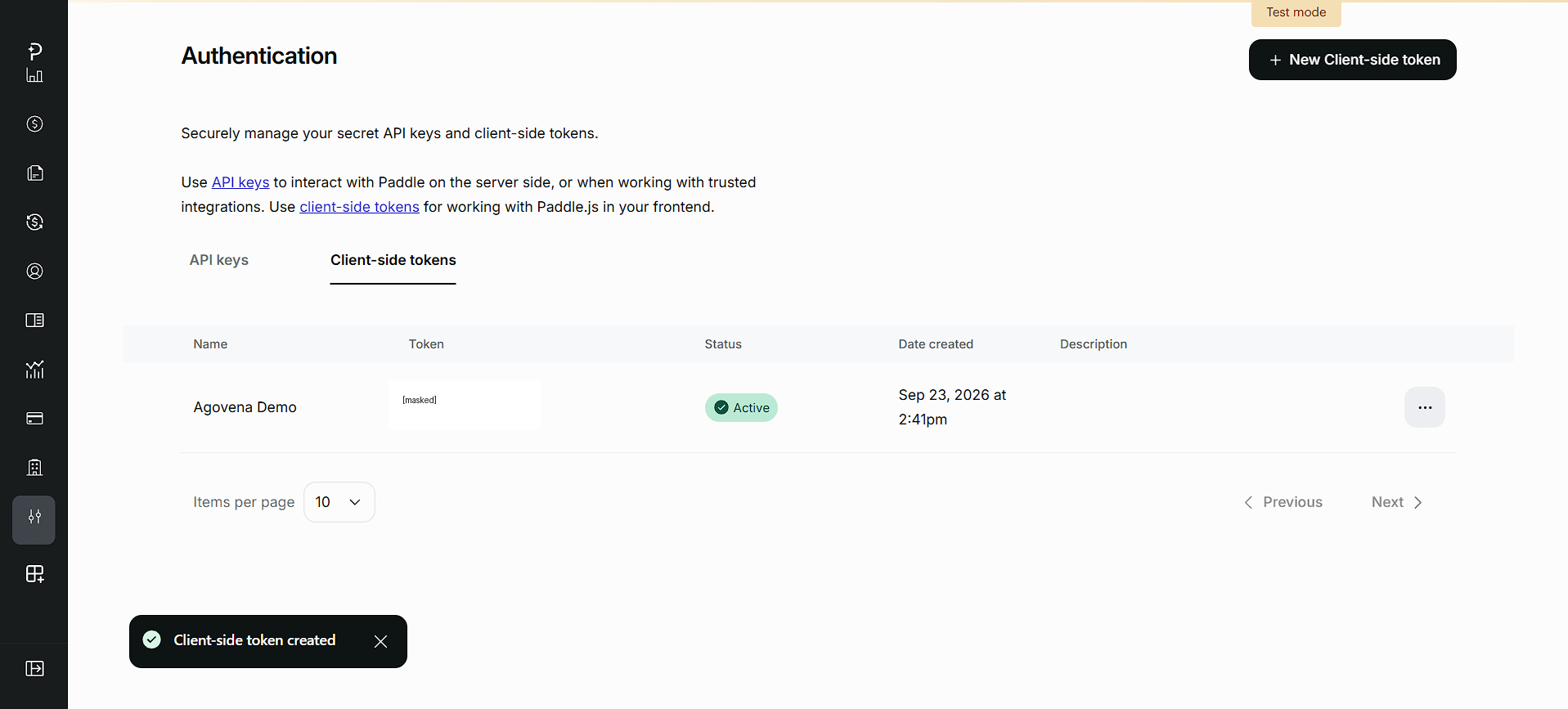 Paddle client-side token creation