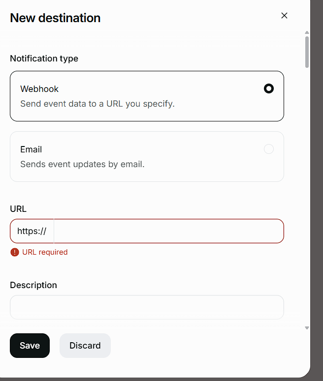 Paddle webhook destination form