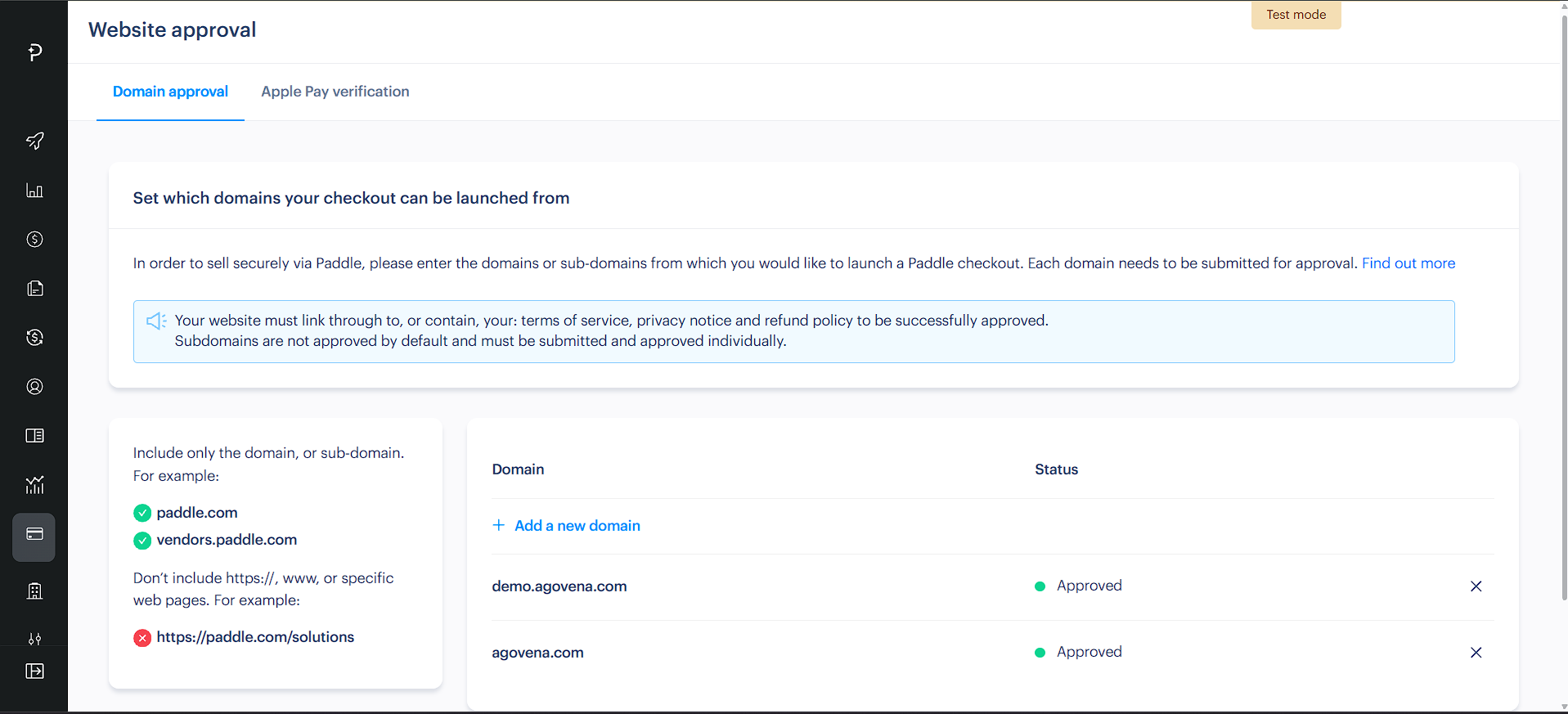 Paddle Website approval with the approved Agovena domains