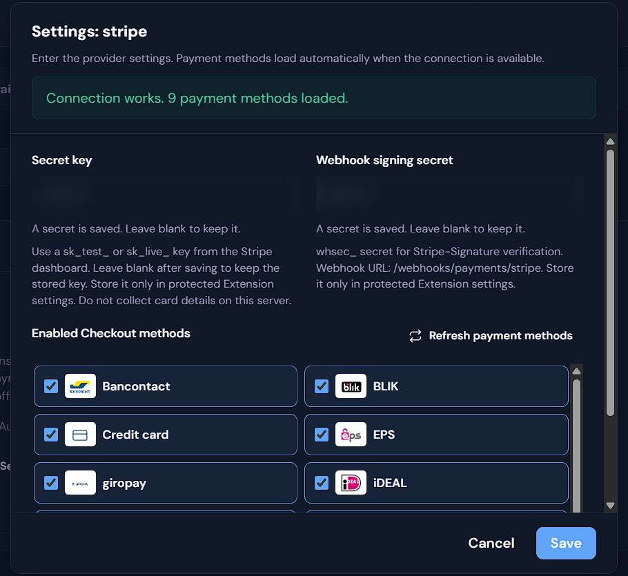 Agovena Stripe settings with masked secrets and loaded payment methods