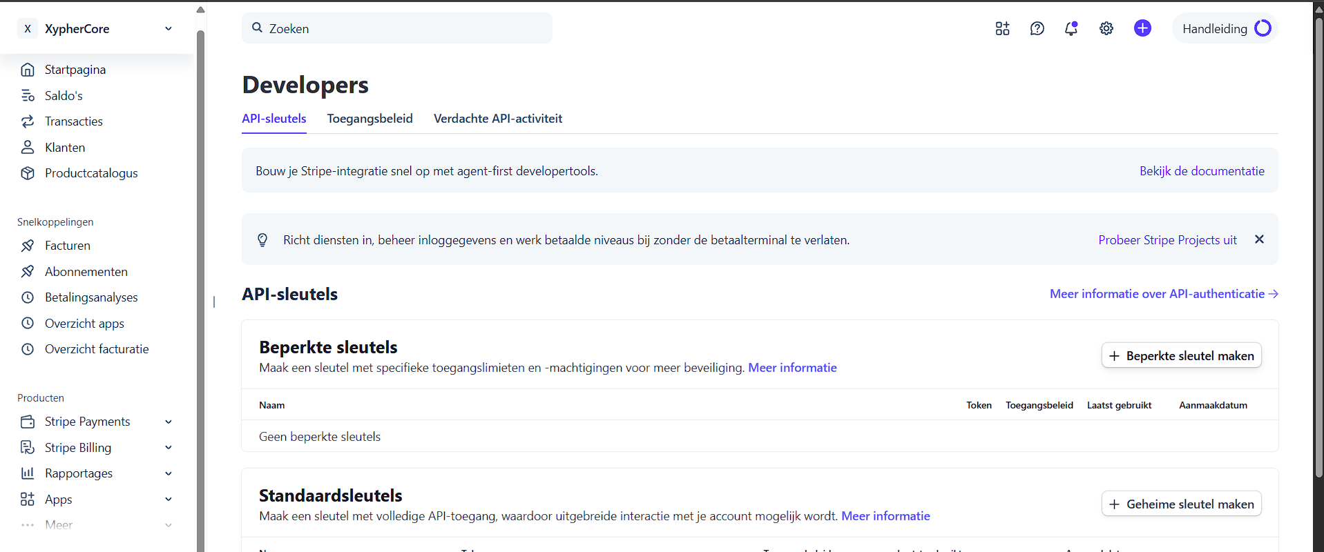 Stripe API keys with the Create secret key action