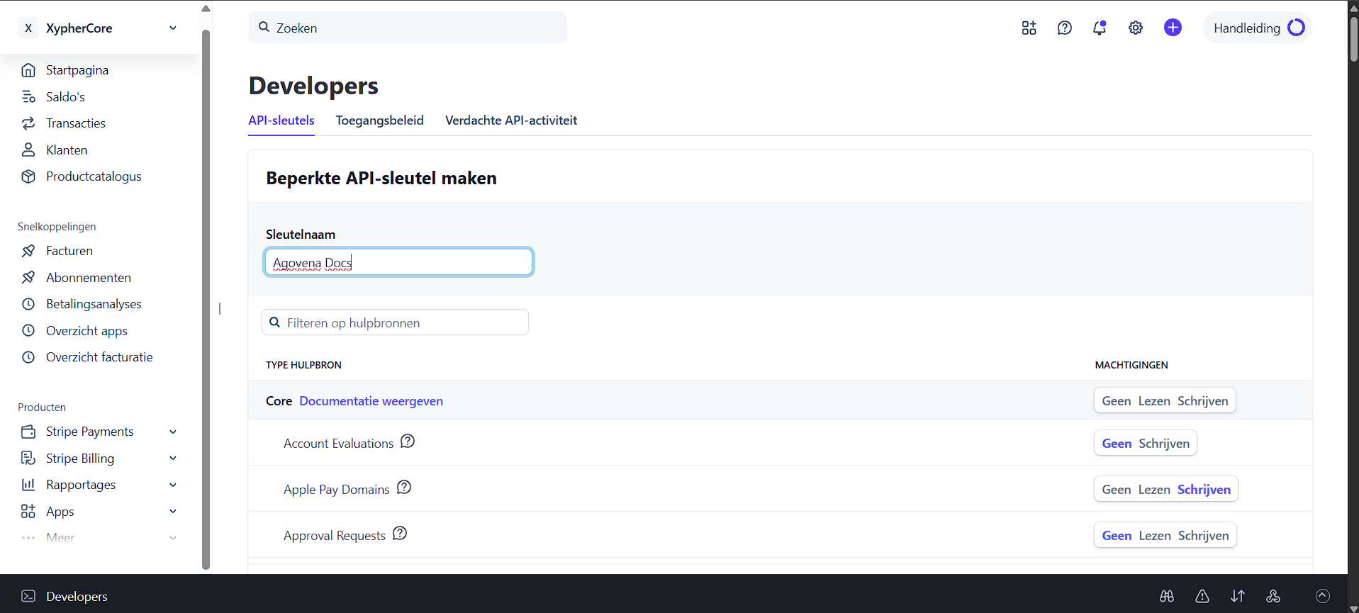 Create a Stripe restricted key with permissions