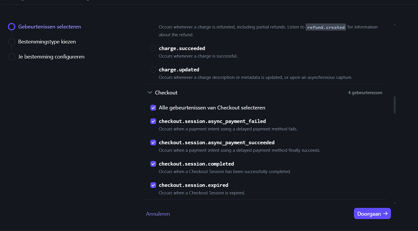 Stripe event selection with the Checkout events for Agovena